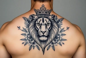 powerful majestic lion with a crown, surrounded by floral ornaments and birds tattoo idea
