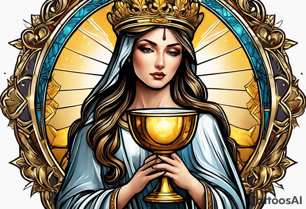 holy saint woman with golden halo holding a chalice tattoo idea