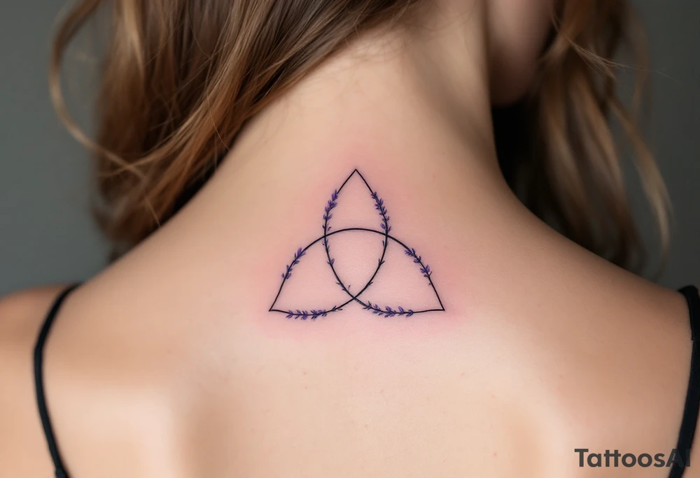 A triquetra made of delicate lavender sprigs, with soft purple hues and a watercolor effect. tattoo idea