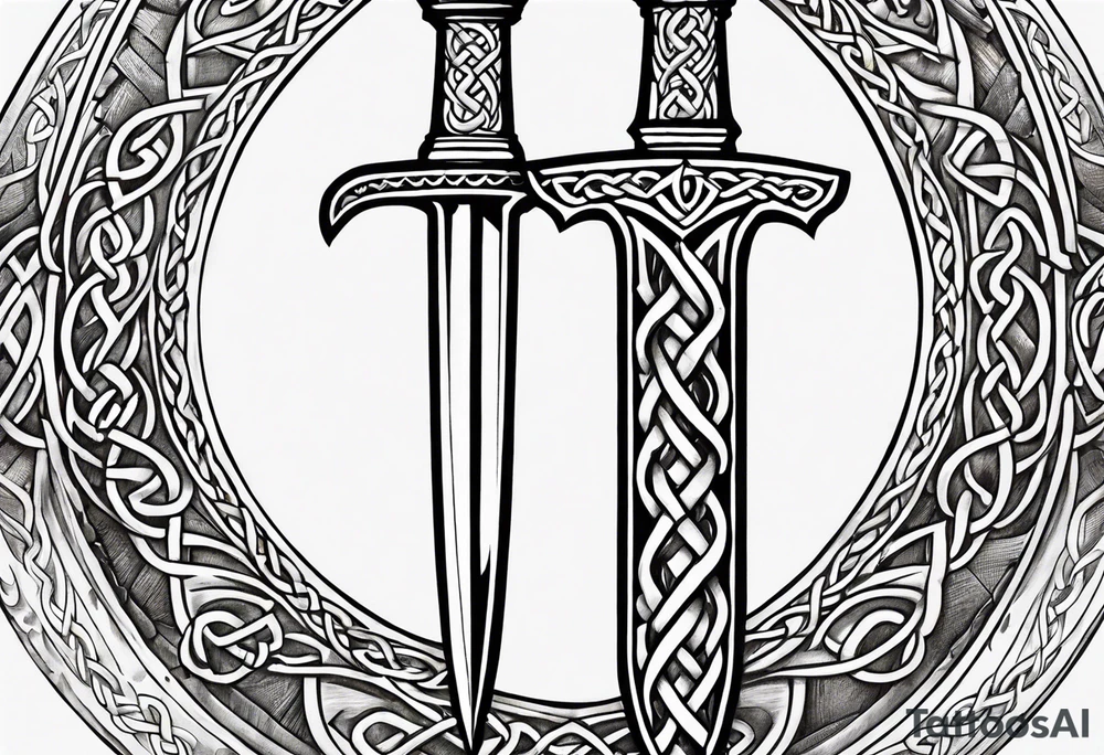 A Celtic dagger with an oak hilt turned upright and emerald gemstones on it tattoo idea