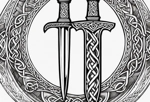 A Celtic dagger with an oak hilt turned upright and emerald gemstones on it tattoo idea