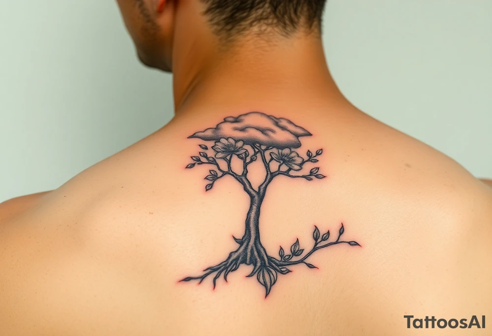 Powerful flower tree with cloud over it tattoo idea