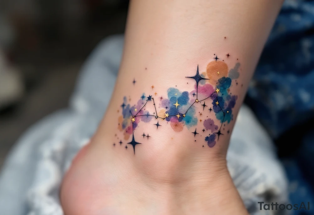 Capricorn stars constellation inked in metallic gold, forming a delicate arc across a watercolor galaxy. tattoo idea
