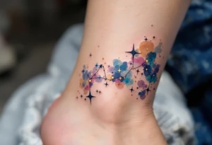 Capricorn stars constellation inked in metallic gold, forming a delicate arc across a watercolor galaxy. tattoo idea
