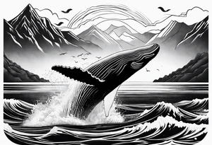 breaching humpback whale with a mountain scene behind it tattoo idea