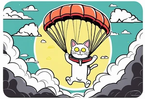 cat going skydiving with parachute in the rick and morty style tattoo idea