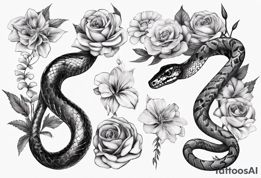 Snake wrapping around flowers tattoo idea