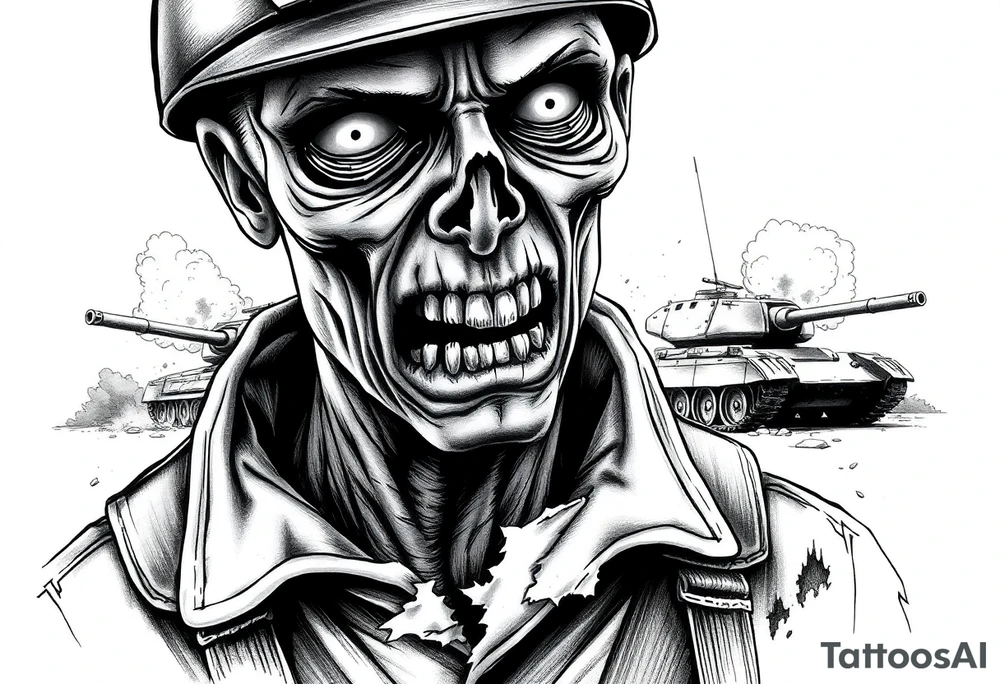 Close-up of a zombie soldier's face, torn uniform, with a tank and explosions in the background. tattoo idea