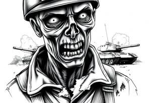Close-up of a zombie soldier's face, torn uniform, with a tank and explosions in the background. tattoo idea