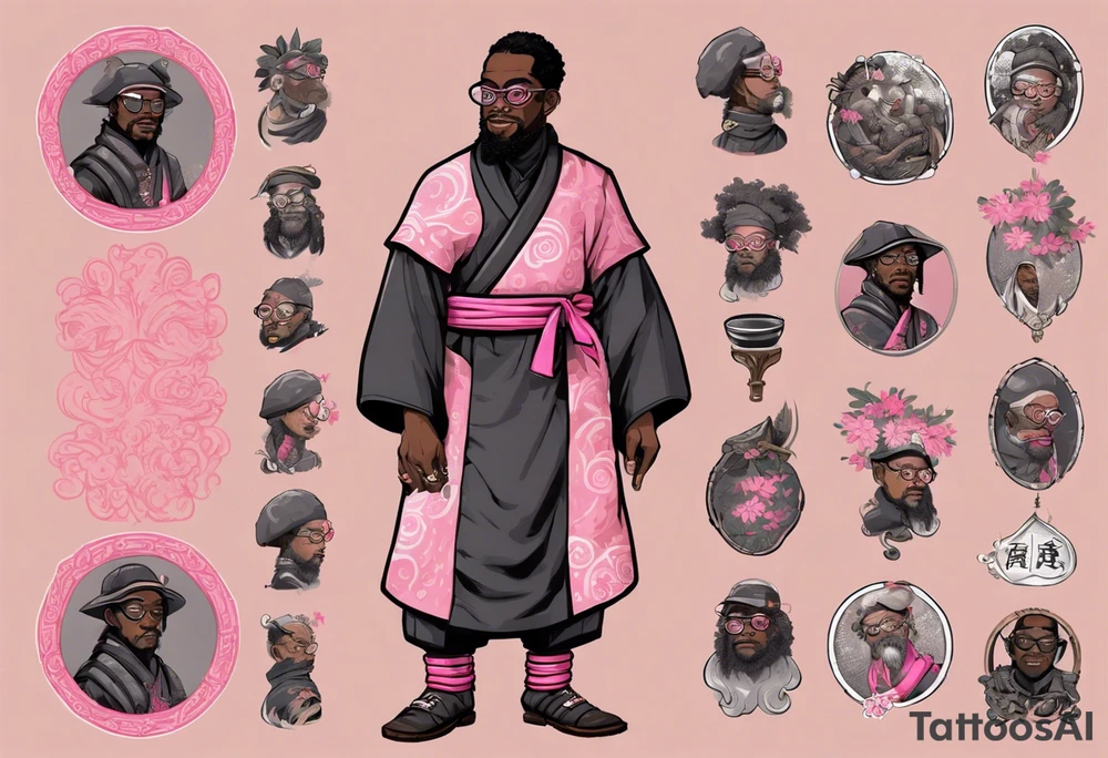 a medieval black man wearing round glasses, wearing a black tunic with a pink belt, wearing grey mukluks tattoo idea