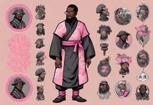 a medieval black man wearing round glasses, wearing a black tunic with a pink belt, wearing grey mukluks tattoo idea
