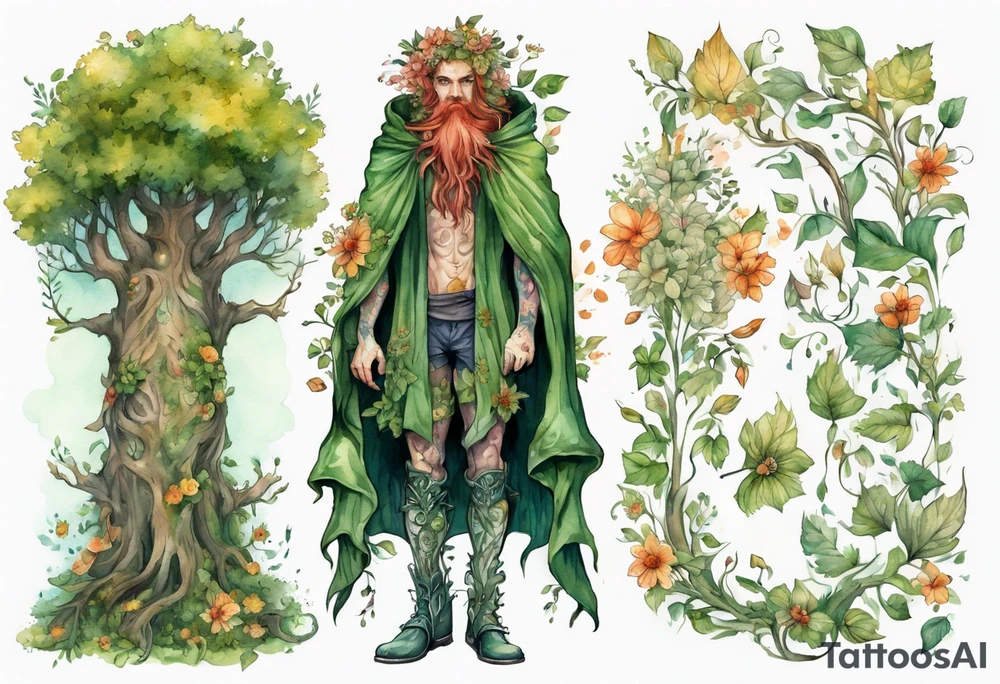 A tall, beautiful tree-man hybrid with flower hair and a cloak made of leaves. Wearing floral medieval boots. tattoo idea