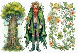 A tall, beautiful tree-man hybrid with flower hair and a cloak made of leaves. Wearing floral medieval boots. tattoo idea