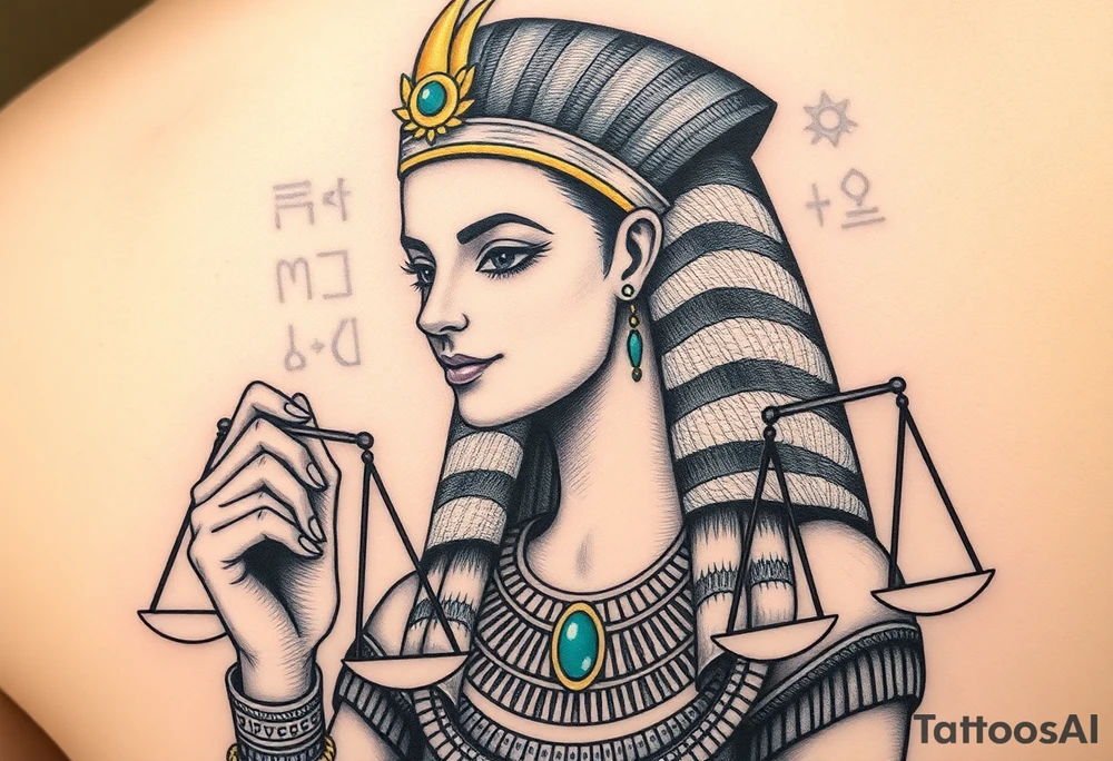 Super realistic tattoo design of the Egyptian goddess Ma’at, depicted as a serene and regal woman with an elegant ostrich feather on her head symbolizing truth and balance, wearing traditional ancient Egyptian attire with intricate gold and turquoise jewelry, holding scales of justice in one hand. The design features detailed facial features with soft natural lighting, realistic skin texture, and subtle shading to emphasize depth and dimension. Background elements include faint hieroglyphics and cosmic symbols representing order and harmony. Style: hyper-realistic, high detail, focused on symbolism and spiritual essence, suitable for upper arm or chest tattoo. tattoo idea