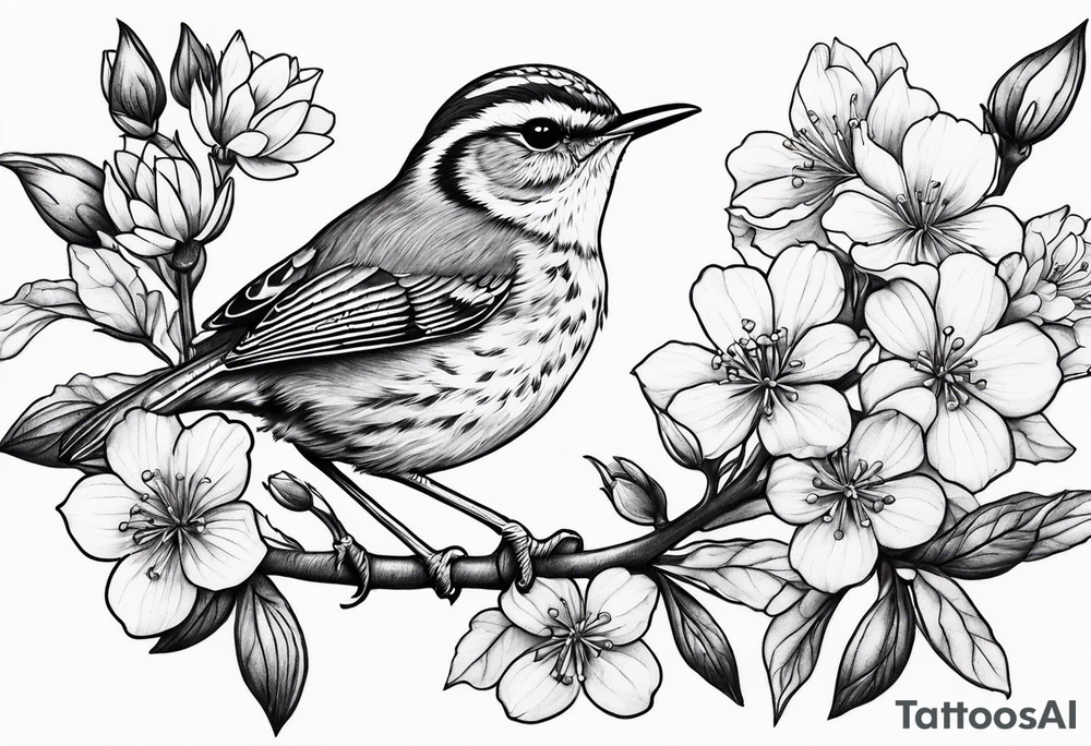 Create a delicate tattoo of a wren nestled among blossoms, highlighting its small size and charming features tattoo idea