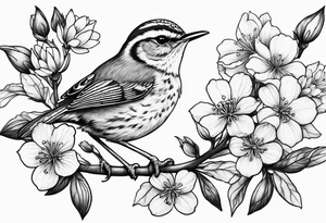 Create a delicate tattoo of a wren nestled among blossoms, highlighting its small size and charming features tattoo idea