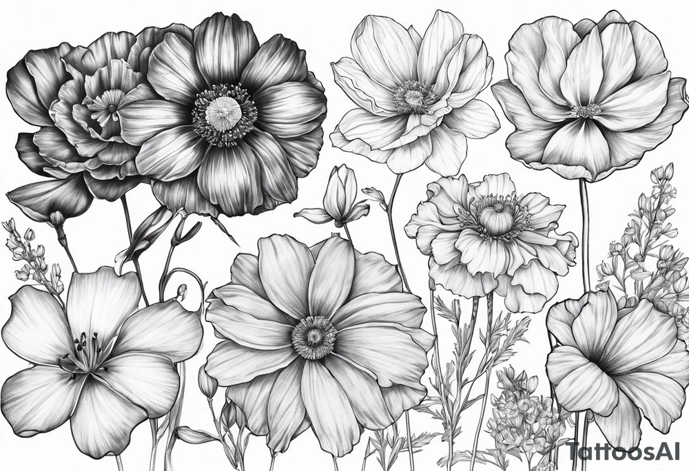 1 cosmos flower, 1 iris, larkspur, 1 daisy, 1 poppy tattoo idea