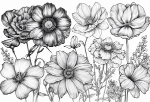 1 cosmos flower, 1 iris, larkspur, 1 daisy, 1 poppy tattoo idea