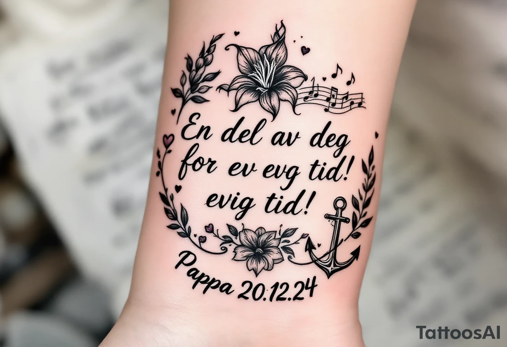 make a quote that says "En del av deg for evig tid! Pappa 20.12.24" Surrounded by gladiolus, music notes, hearts and an anchor tattoo idea