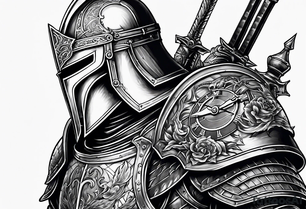 knight with heavy armor with clock and castle tattoo idea