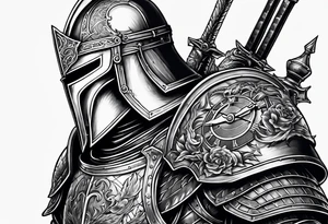 knight with heavy armor with clock and castle tattoo idea