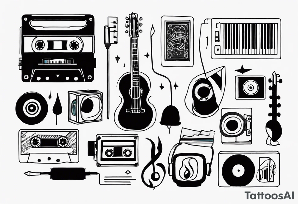 geometric tattoo with music notes, a cassette tape, and
instruments tattoo idea