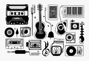 geometric tattoo with music notes, a cassette tape, and
instruments tattoo idea