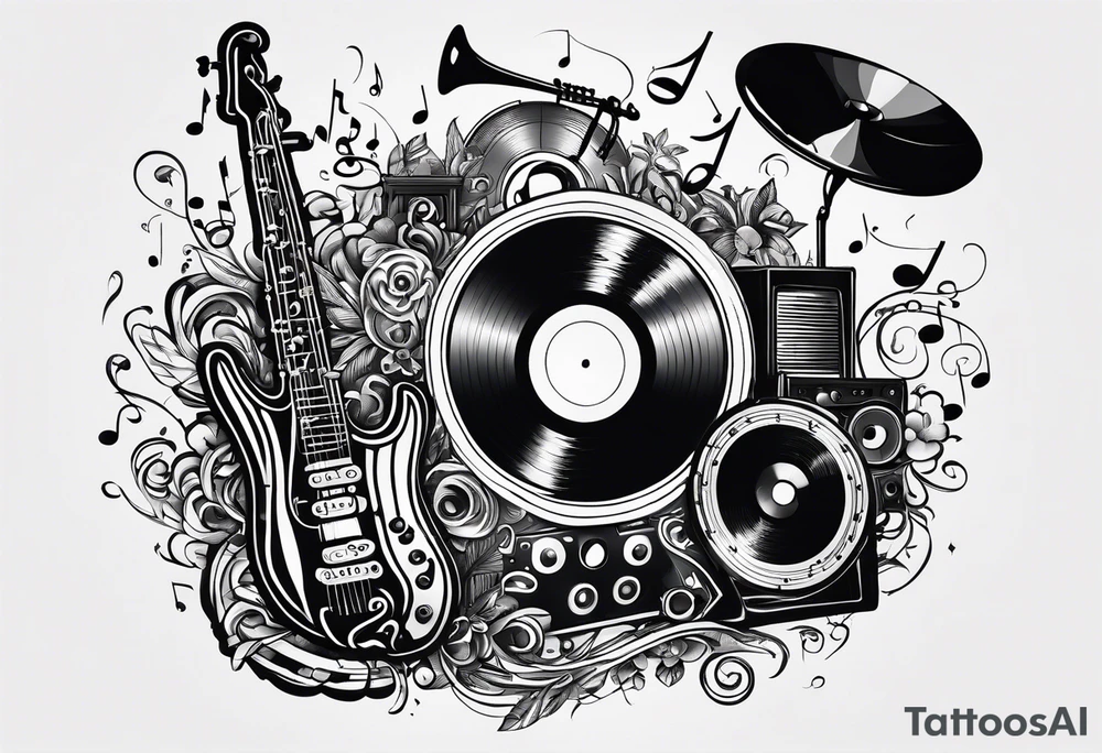 music notes surrounded by a record, a cassette tape, and saxophone parts tattoo idea