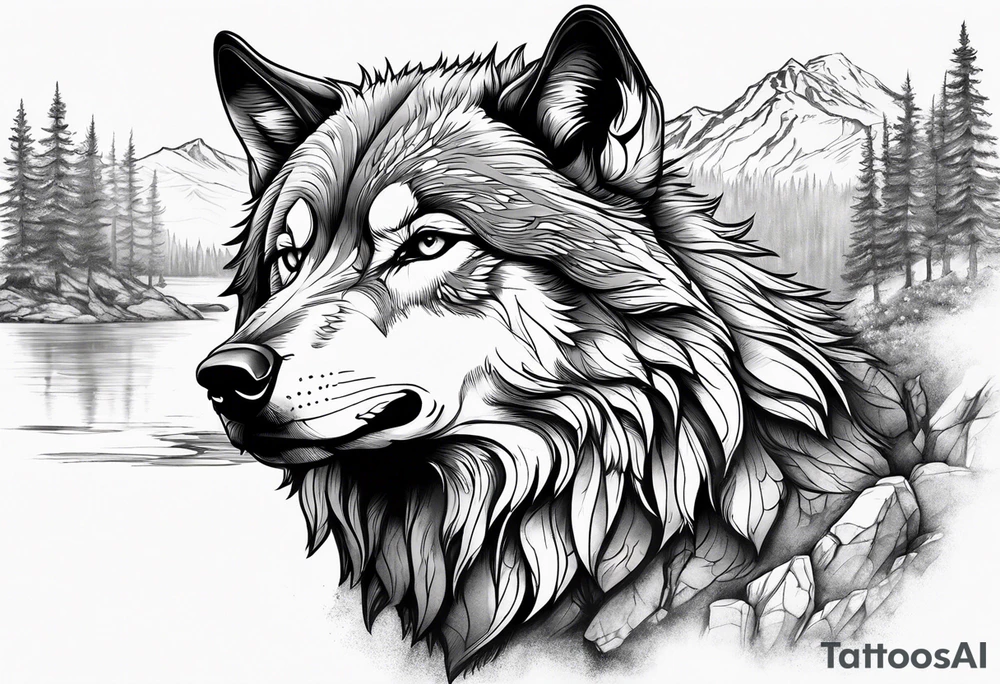 Create a tattoo of a wolf with mountain/lake tattoo idea