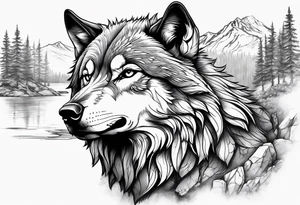 Create a tattoo of a wolf with mountain/lake tattoo idea