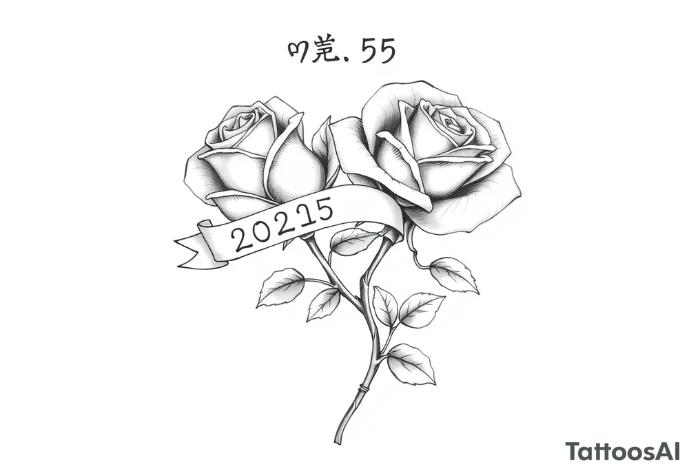 two beautiful rose buds, side by side, with many leaves and their stems intertwined, representing two people in love. Include a banner connecting the two roses with "2025" on it.  The word "Rose" written in Kanji above the drawing.  Use dark outlines with little shading. The two stems should intertwine and join into one stem, whimsically curved or twisted - not straight down. tattoo idea