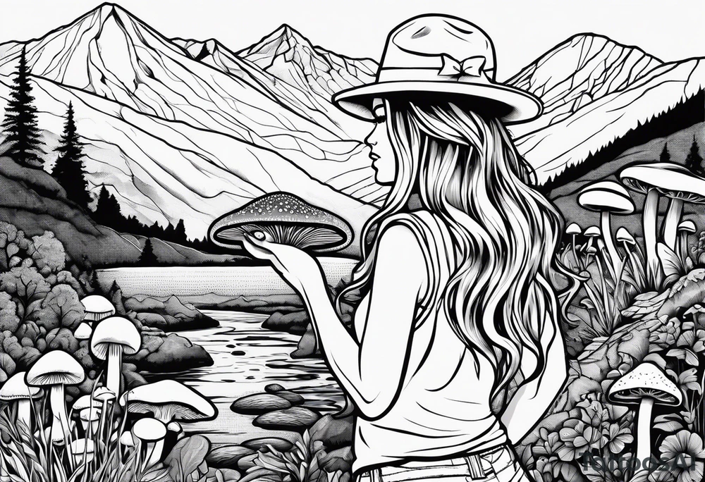 Straight long blonde hair hippie girl in distance holding mushrooms in hand facing away toward mountains and creek surrounded by mushrooms tee shirt hiking pants

Circular picture tattoo idea