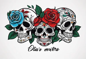 dia de los muertos skulls with money roses with the name CORREA tattoo idea