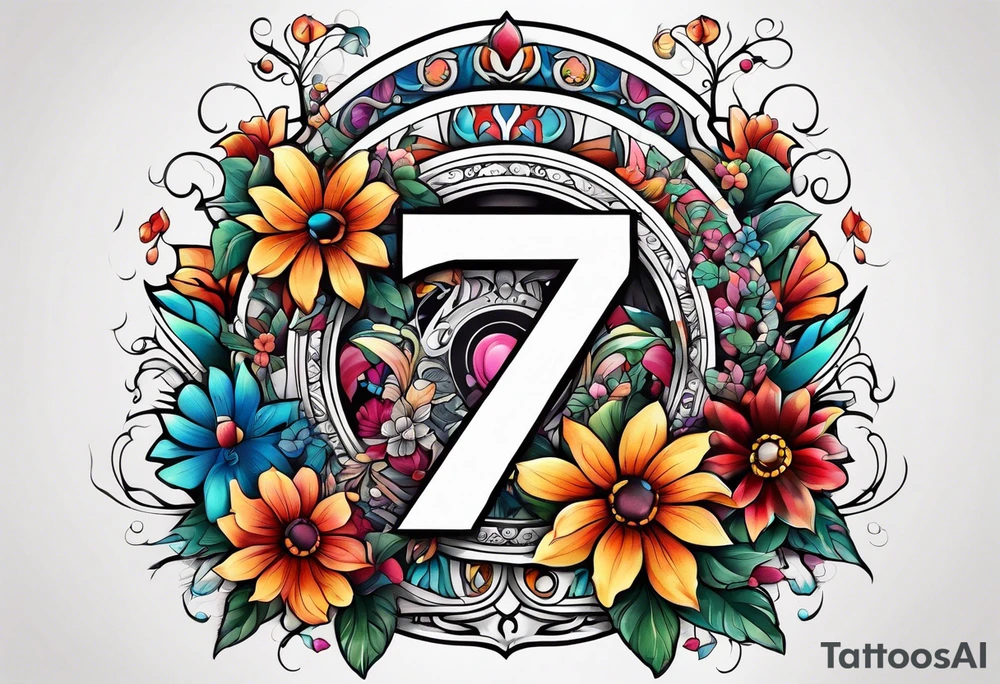 The number seven surrounded by colorful flowers tattoo idea