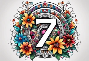 The number seven surrounded by colorful flowers tattoo idea