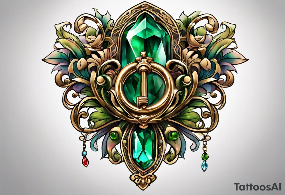 Lock and key with emerald stone tattoo idea