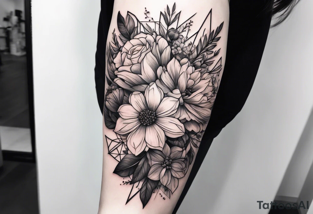 Flower bouquet on outer upper arm tattoo idea