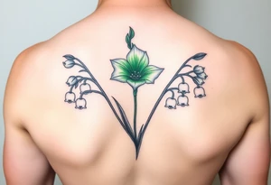 Upper arm tattoo. Peridot green Gladiola in the middle of two lily of the valley each with nine blossoms tattoo idea