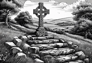 A stone Celtic cross standing solemnly atop a hill. A ruined stone wall lies crumbling near the cross tattoo idea