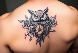 an owl,roses,compass. tattoo idea
