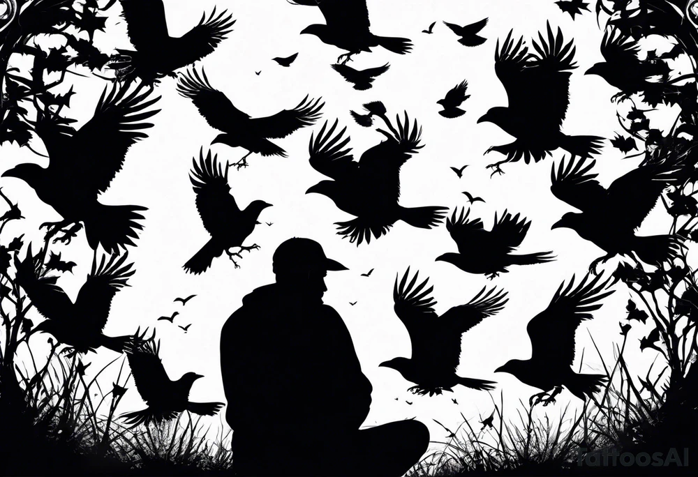 Silhouette of a man on his knees bent over with crows flying out his back like pieces of him flying away. tattoo idea