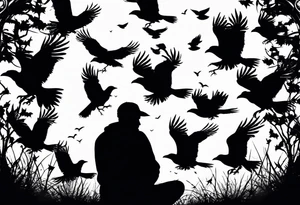 Silhouette of a man on his knees bent over with crows flying out his back like pieces of him flying away. tattoo idea