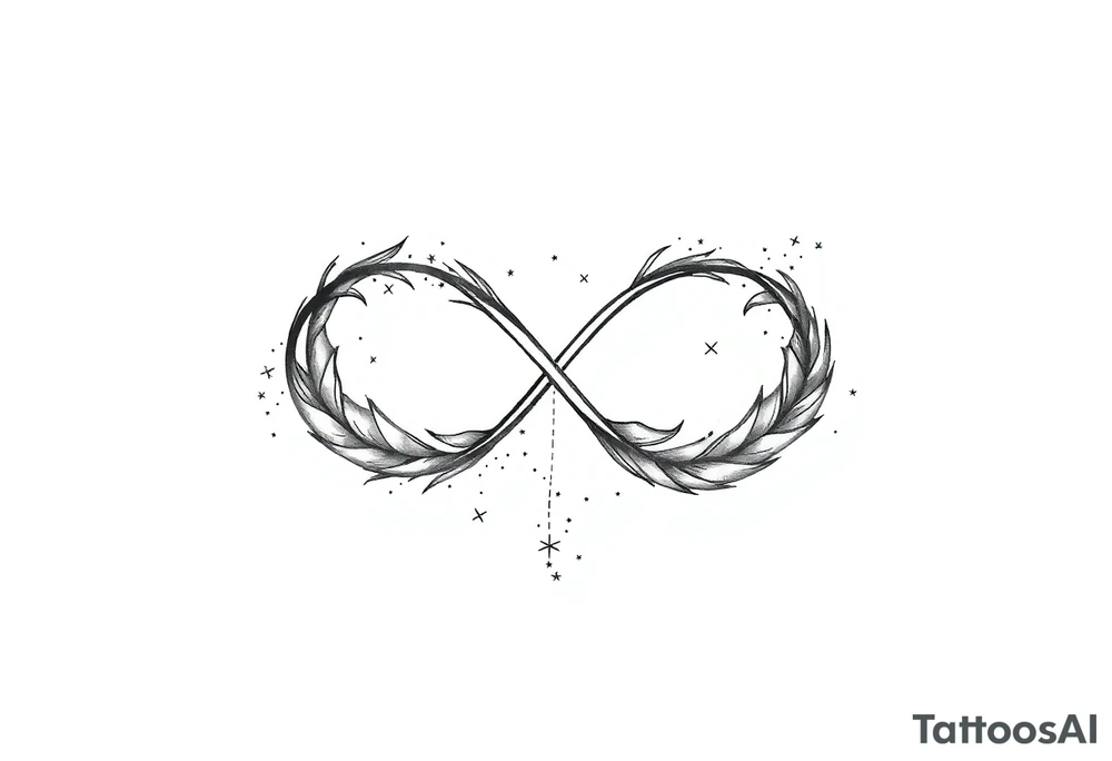 infinity symbol woven with floating feathers and stardust tattoo idea