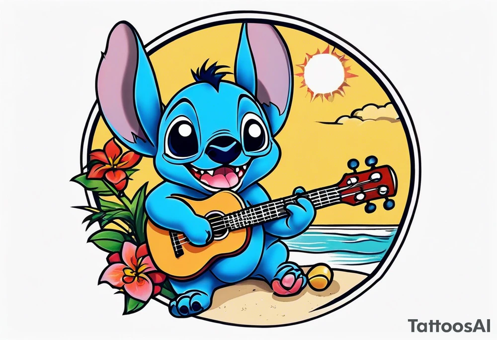 Stitch tattoo on arm under shoulder that is the version of stitch where he’s dressed up like Elvis playing a ukulele on a beach tattoo idea