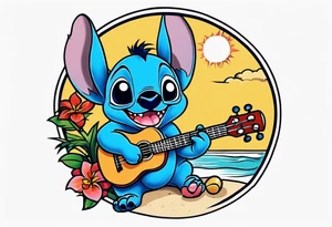 Stitch tattoo on arm under shoulder that is the version of stitch where he’s dressed up like Elvis playing a ukulele on a beach tattoo idea