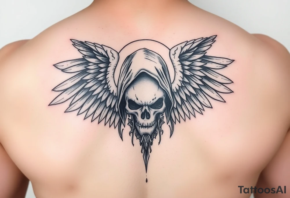 Ángel caído o ángel de la muerte (alas negras, mirada sombría). tattoo idea