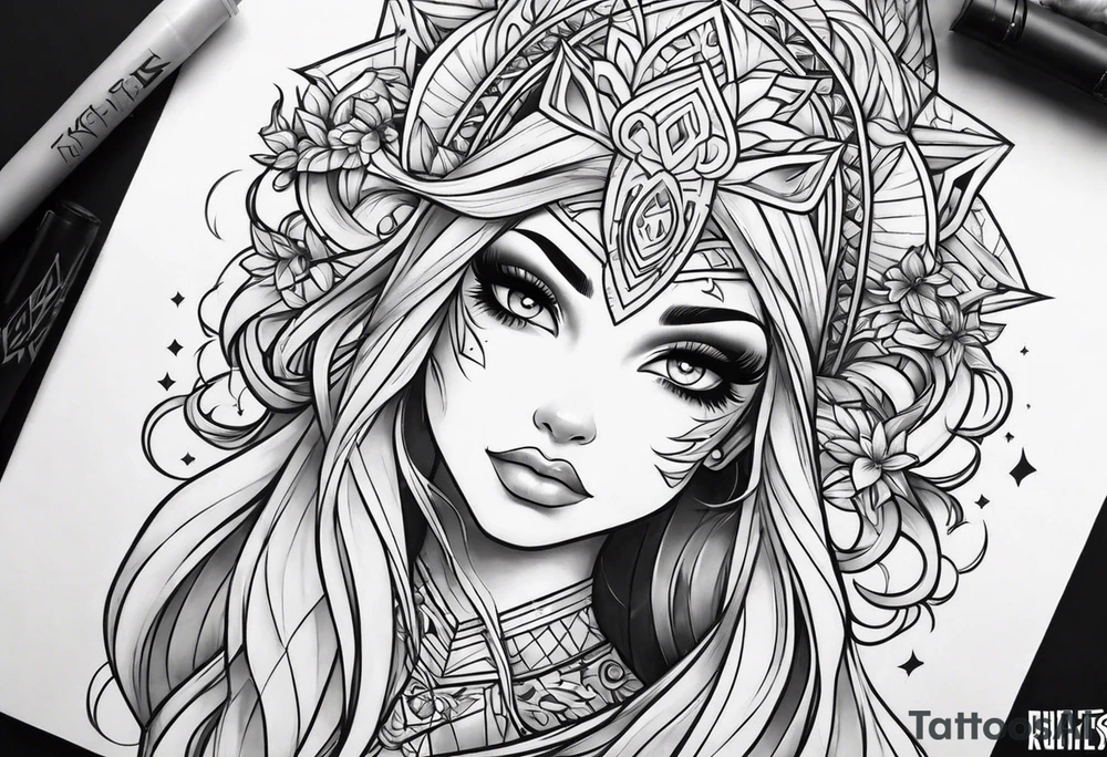 create a fire girl face inspired by Disney movie elements black tattoo idea