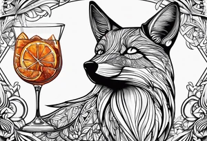 Geometric sly fox with Negroni in short lowball cocktail glass with ice and orange peel tattoo idea