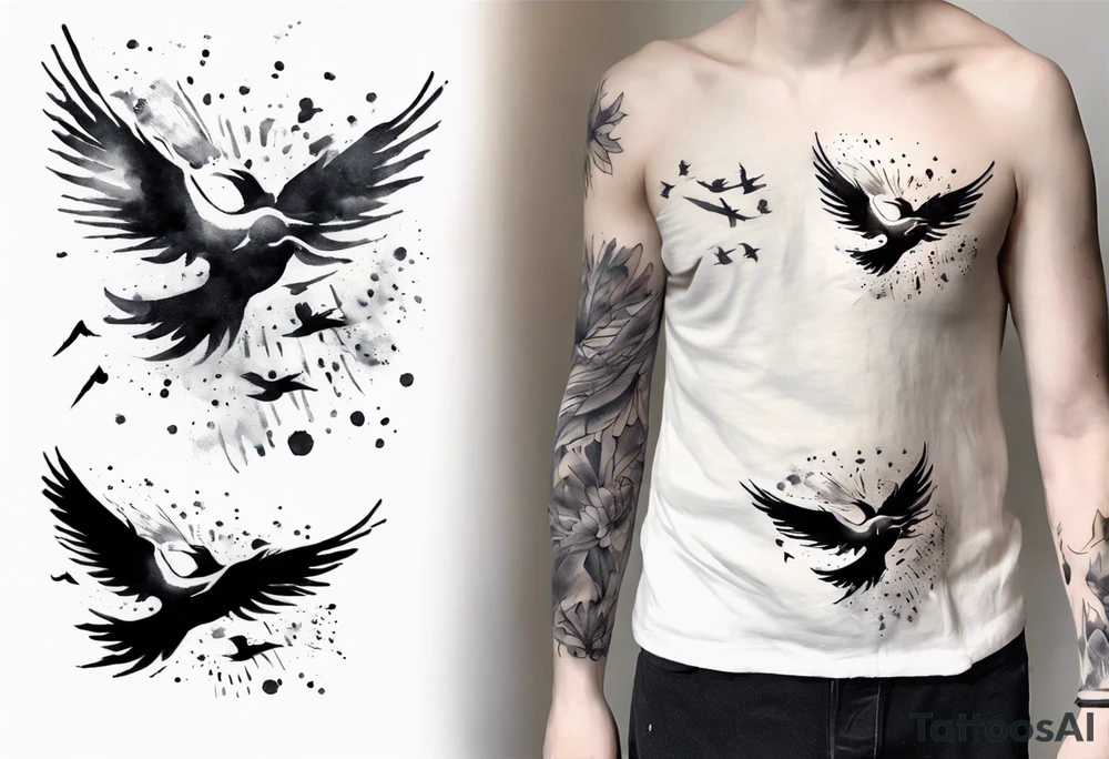 a shoulder tattoo with lots of rays of light in gradient starting from the middle
, clouds and birds flying free tattoo idea