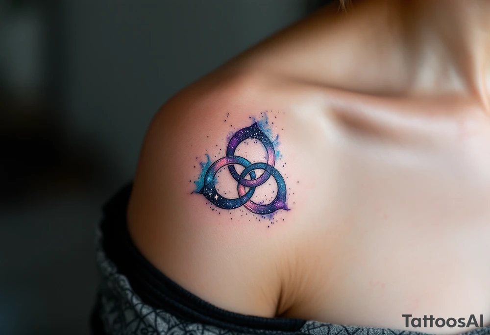 A cosmic-themed triskelion with a starry nebula effect, blending purples, blues, and blacks with scattered white stars. The spirals can mimic the shape of galaxies, embodying the vastness of the universe and infinite possibilities. tattoo idea